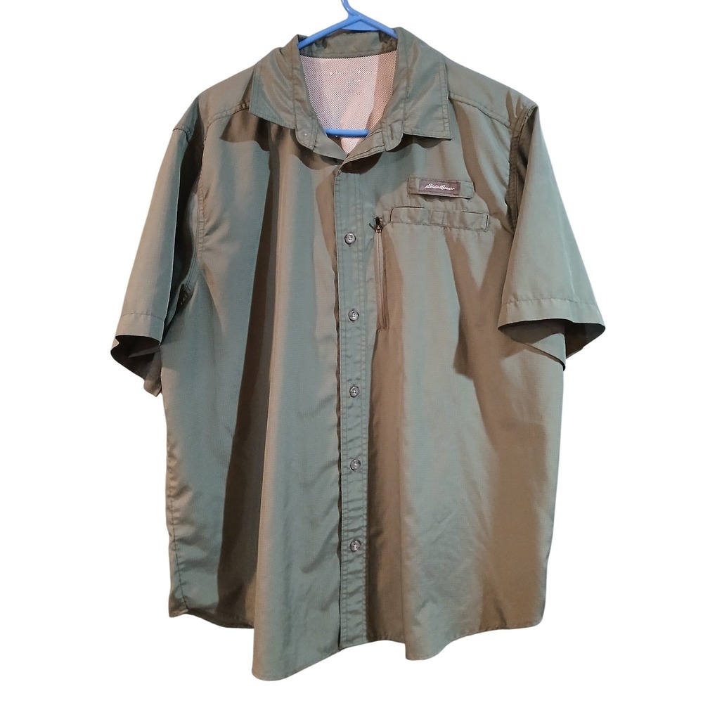 Eddie Bauer Mens XL Short Sleeve Ripstop Fishing Shirt Olive Green Vented Back